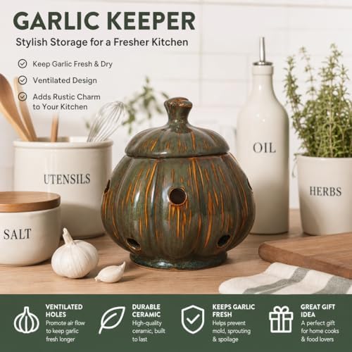 Ceramic Garlic Keeper Storage Holder Jar with Lid, Kitchen Countertop Large Garlic Canister Cellar Saver Holder Crock Container. (Green)