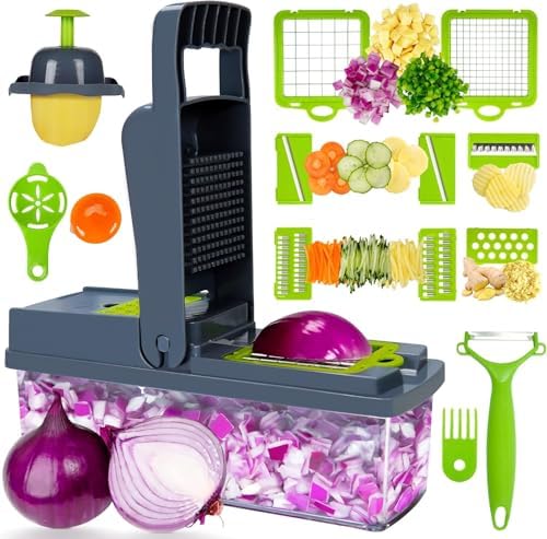 16 in 1 Vegetable Chopper and Food Chopper with Container, Onion Slicer Cutter Dicer, Veggie Cutter with 7 Blades for Carrot Salad Garlic Potato (Design 2)