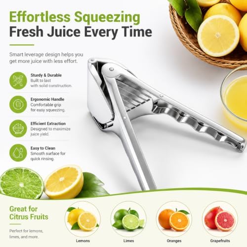 Stainless Steel Lemon Squeezer, Manual Citrus Juicer for Lemon, Lime, Orange and More Fruits, Handheld Fruit Juice Press with Filter, Foldable Kitchen Squeezer for Cooking, Drinks and Cocktails