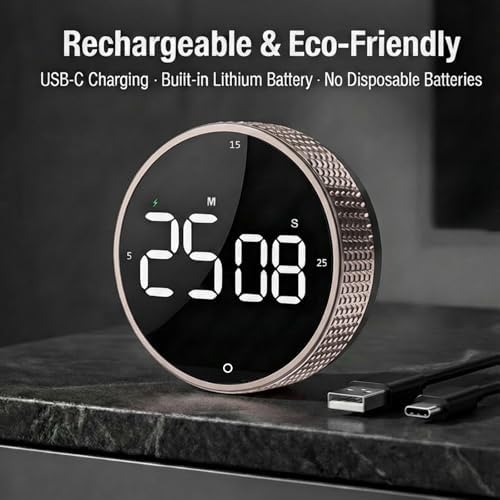 Rechargeable Magnetic Kitchen Timer with Rotary Dial, LED Display