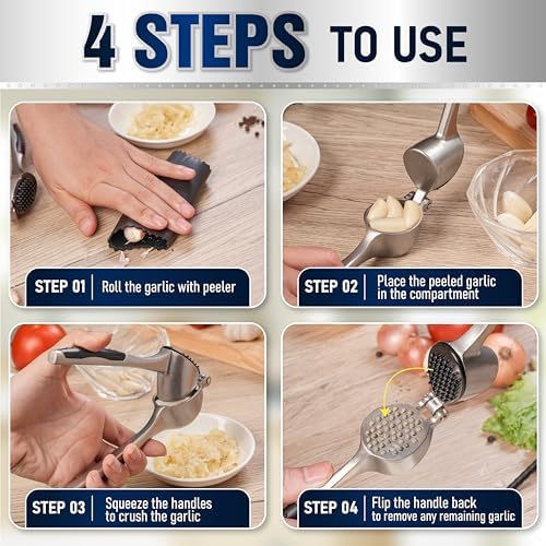 Garlic Press Set - Premium Professional Garlic Mincer Tool - Garlic Crusher. Easy-Squeeze, Easy-Clean, Ergonomic anti-slip handle - Silicone Garlic Peeler & Brush, 6.8in x 1.8in, ETZX1