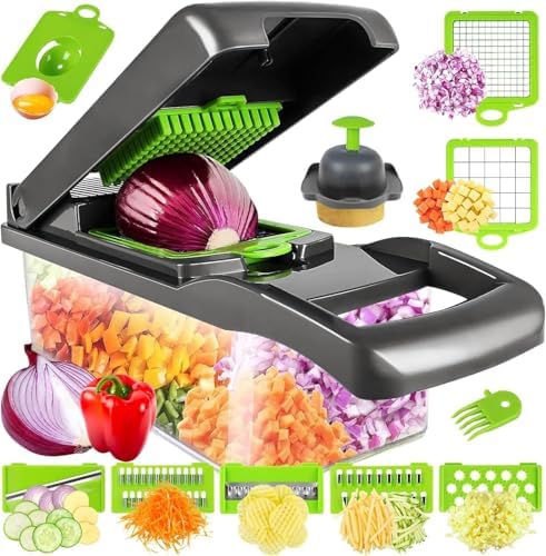 16-in-1 Vegetable Chopper, Mandoline Slicer & Onion Dicer with 1.2L Container, Food Chopper with Stainless Steel Blades, Vegetable Cutter, Cheese Grater, Potato Slicer, Kitchen Gadget