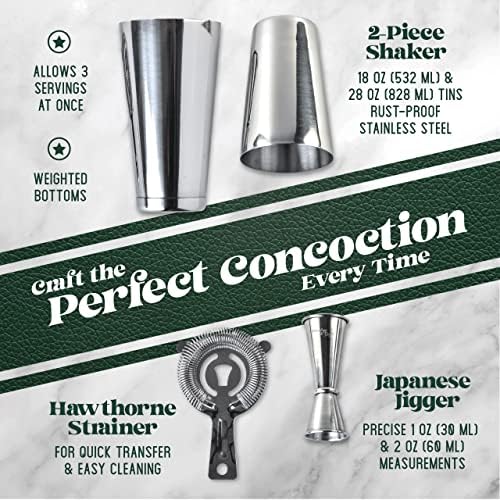 Mixology & Craft Boston Shaker Set with Weighted Martini Shakers | Cocktail Shaker Set Includes Strainer and Japanese Jigger | Great Gift Bar Set with Exclusive Recipe Cards | Leak-Proof (Silver)