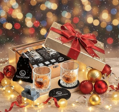 Whiskey Glasses Set of 2 with Whiskey Stones – Bourbon & Scotch Gift Set for Men, Dad, Birthday Gifts for Him