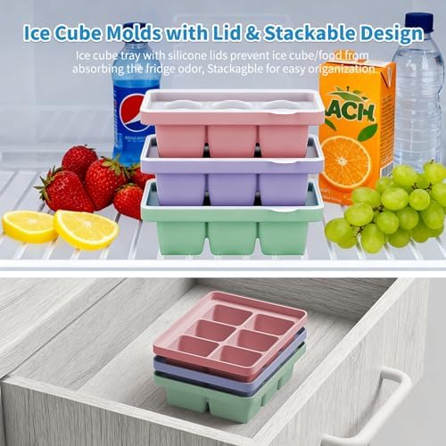 Large Silicone Ice Cube Tray Set of 3, Easy Release 6 Flexible Silicone Ice Cube Molds with Removable Lid, Reusable Freezer Stackable Ice Trays for Whiskey, No Floater, BPA Free