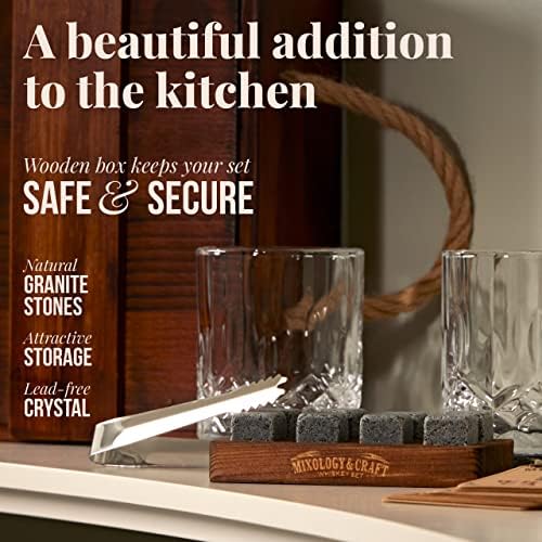 Mixology & Craft Premium Whiskey Set | Two 10oz Cystal Old-Fashioned Glasses, 8 Granite Chilling Stones, Metal Tongs, Recipe Cards in Rustic Wooden Crate Gift Set | Jameson Whiskey