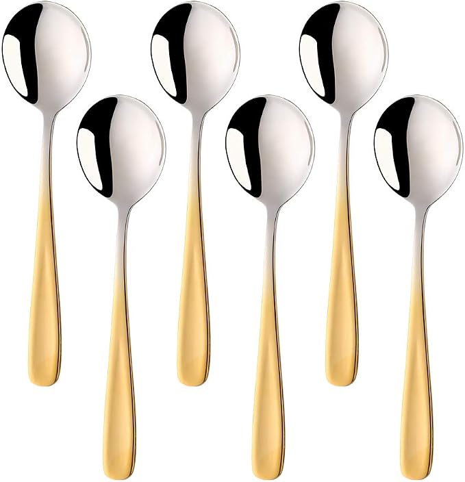 Buyer Star Bouillon Spoon Sets, 7-Inch Round Soup Spoons, Stainless Steel Finished Table Dinner Spoons (Gradient Gold)