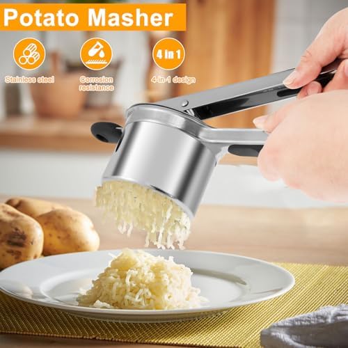 Potato Ricer, Stainless Steel Potato Masher with 4 Removable Discs, Manual Food Masher with Non Slip Long Handle, 15oz Kitchen Fruit and Vegetables Press 12.99×4.7 Inch Food Ricer for Home Kitchen