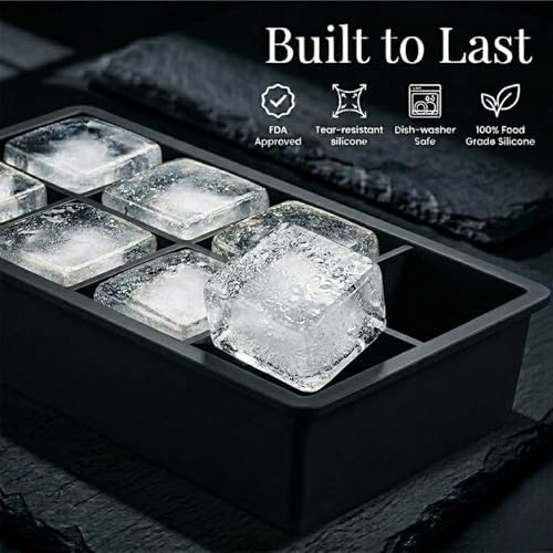 Large Silicone Ice Cube Tray - 3 Pack Trays for 8 Square Cubes with Large Bin, Scoop, Tong & 2 SS Straws - Easy Release Ice Mold for Whiskey, Cocktails, Coffee (Black)