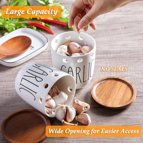 DAYYET Garlic Keeper for Counter, Ceramic Garlic Keeper with Non-Sealed Acacia Wood Lid, Garlic Holder Storage Container to Keep Your Garlic Cloves Fresh Longer, Garlic Saver for Kitchen, White
