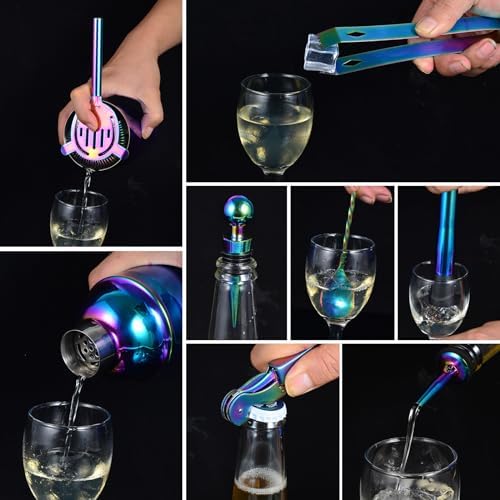 Safring Bartender Kit with Stand, 12-Piece Bar Set | 24oz Cocktail Shaker Set for Drink Mixing, Martini Shaker Set with Bar Tools, Recipes Booklet | Fun Housewarming Gift (Rainbow)