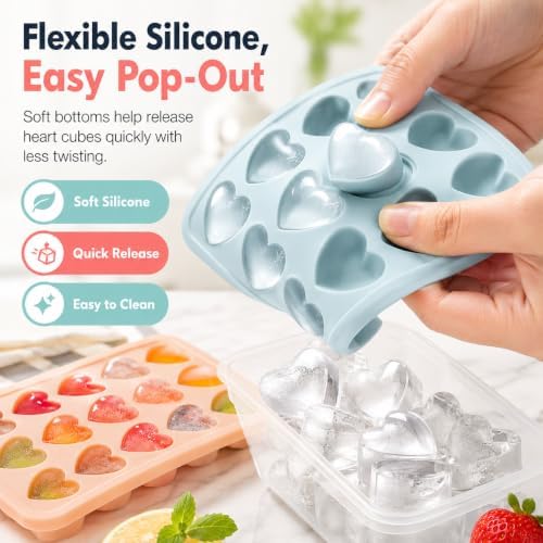 2 Pack Heart Shpaed Ice Cube Trays with Lids, 42 Holes Silicone Heart Ice Cube Molds for Whiskey, Cocktail, Fun Shapes Ice Cubes, Chocolate, Candle, Candy, Jelly, Jello - with Lids Bins