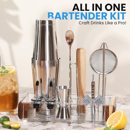 Mixology Bartender Kit with Stand - 15 Piece Bar Tool Set, Silver Bar Set Cocktail Shaker Set for Drink Mixing - includes Martini Shaker, Jigger, Strainer, Bar Mixer Spoon, Tongs, Opener | Gift Idea