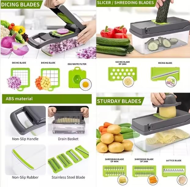14-in-1 Vegetable Chopper with Container – Onion Chopper, Dicer, Slicer & Grater, Food Chopper with Stainless Steel Blades, BPA-Free, Easy Clean, Green