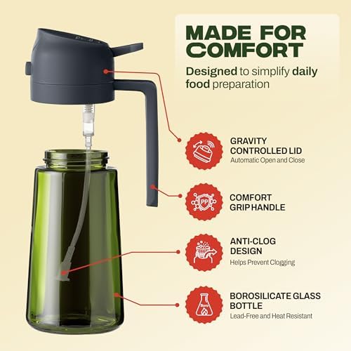 PORTENTUM Olive oil spray bottle for cooking 16oz/470ml 2 in 1 spray and pour function – Anti drip green glass bottle dispenser with light protection – Multilingual labels – Air fryer salads grilling