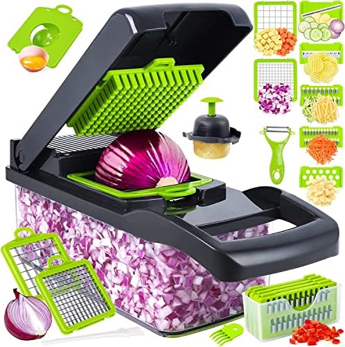 Vegetable Chopper Dicer Slicer Cutter, All In One Multifunctional 12 in 1 Food Choppers, Onion Chopper, Veggie Chopper with Stainless Steel Blades, Colander Basket and Container