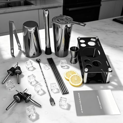Professional Cocktail Shaker Set with Stand Cocktail Recipes, 15-Piece 750/600ml Bartender Kit, Bar Sets Bartending Kit Bar Tool Set 25/20oz Boston Shakers, Jigger, Muddler (Black)