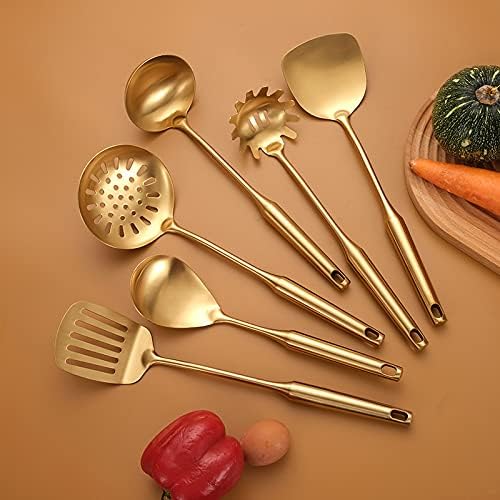 Kitchen Utensil Set, 6 Piece Stainless Steel Cooking Utensil Set, Gold Cooking Tools Spatula, Ladle, Skimmer, Slotted Tuner, Spaghetti Server, Rice Scoop Spoon