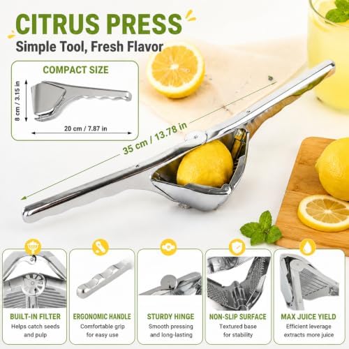 Stainless Steel Lemon Squeezer, Manual Citrus Juicer for Lemon, Lime, Orange and More Fruits, Handheld Fruit Juice Press with Filter, Foldable Kitchen Squeezer for Cooking, Drinks and Cocktails