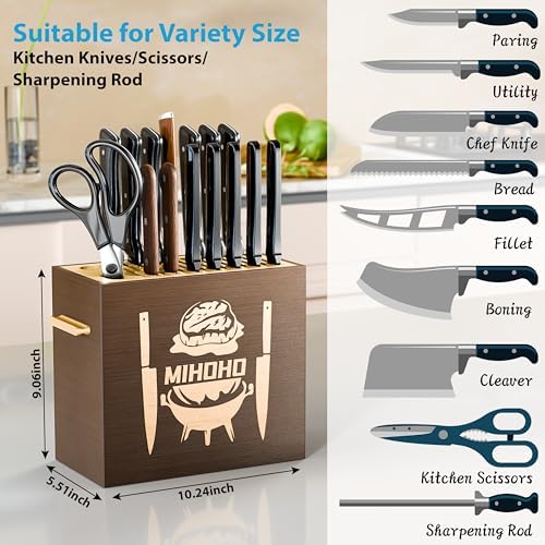 Wood Universal Knife Block with Slots, Wood Knife Holder/Knife Organizer, Unique Knife Storage for Counter Top with Anti-Slip Base (Walnut D)