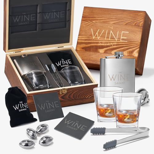 Football Gifts for Men Dad - Whiskey Glasses and Chilling Stones Gift Set, Whiskey Flask, Whiskey Glasses, Stainless Steel Whiskey Footballs, Slate Stone Coasters, Tongs Gift Box