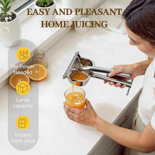 Manual Citrus Juicer – Elite 304 Stainless Steel Lemon Squeezer Heavy Duty Hand Press Juicer with Built-in Filter, Orange Juicer for Lemon, Lime, Orange, Grapefruit