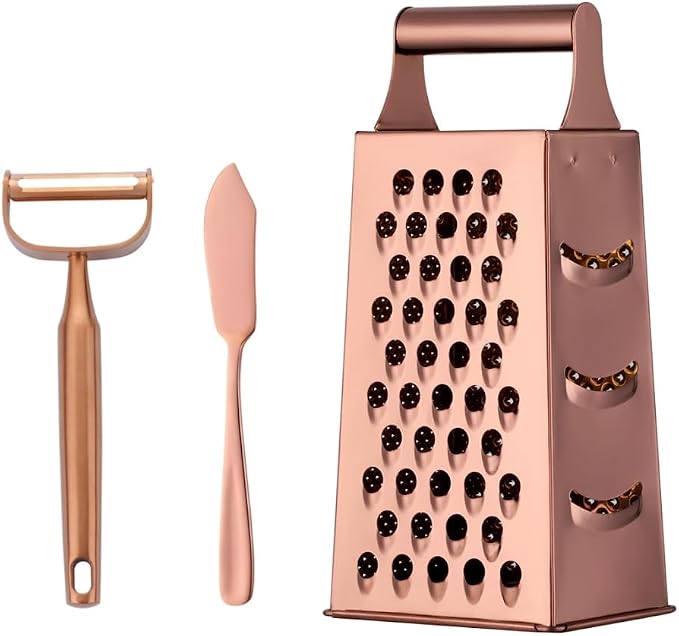 4 Sides Box Grater For Kitchen,Stainless Steel Cheese Grater With Handle,Multi-Function Vegetable Slicer Food Shredder For Chees,Ginger,Vegetables,Rose Gold