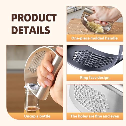 Stainless Steel Garlic Press, 2025 Upgraded Garlic Press Rocker Chopper, Garlic Crusher Mincer Tool with Peeler and Cleaning Brush, Easy to Clean Kitchen Gadgets (1)