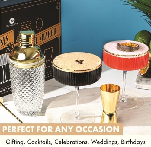 VEMACITY - Luxury Espresso Martini Gifts | Gold Cocktail Shaker Set + 2 Espresso Martini Glasses - Cocktail Kit with Built-in Strainer & Ribbed Martini Glasses (10oz) | Drink Shakers Cocktail