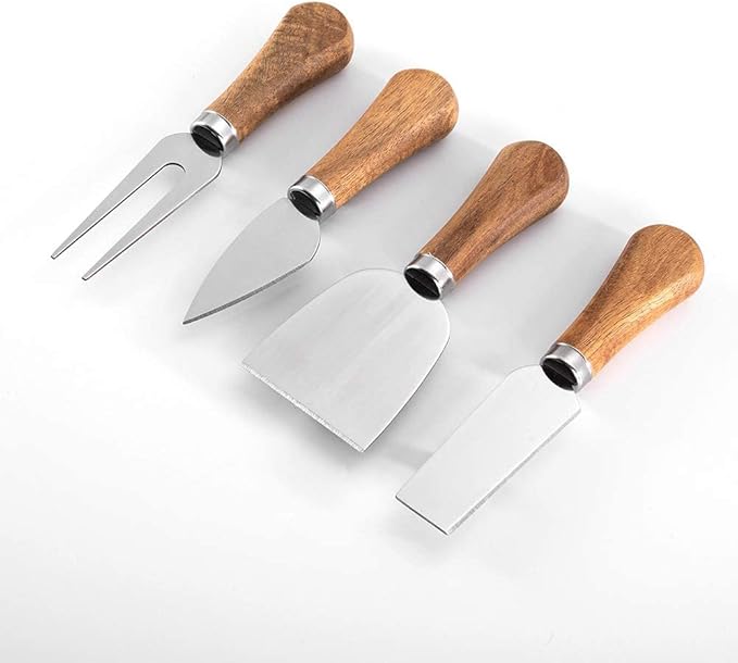 4 Pieces Cheese Knife Set with Wooden Handles Stainless Steel Cheese Knives, Cheese Spreaders, Butter Knife, Mini Serving Tongs, Forks, Charcuterie Board Accessories for Party, Wedding, and Christmas