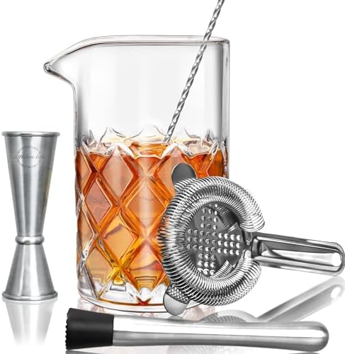 LIGHTEN LIFE Cocktail Mixing Glass Set,Bar Mixing Set with 20oz Crystal Thick Bottom Glass,Spoon, Jigger,Strainer and Muddle,5 Pieces Cocktail Mixing Glass Kits Perfect for Amateurs and Bartenders