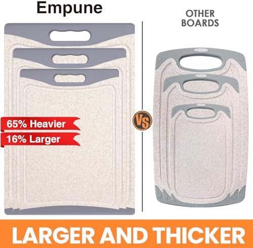 Extra Large Cutting Boards, Plastic Cutting Boards for Kitchen (Set of 3) Cutting Board Set Dishwasher Chopping Board with Juice Grooves Easy-Grip Handles, Beige, Empune