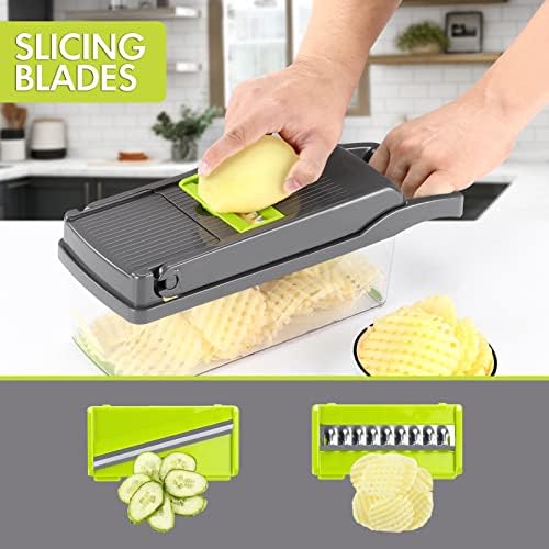 Ourokhome Rotary Cheese Grater with 3 Stainless Steel Drum Blades and 12 in 1 Professional Mandolin Slicer for Kitchen with 1.7 L Vegetable Container