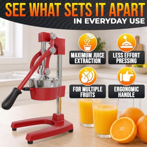 Cast Iron Juicer Hand Press, Heavy-Duty Squeezer (Red)