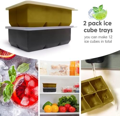 Excnorm Silicone Ice Cube Trays, 2‑Pack Large Square Molds with Lid