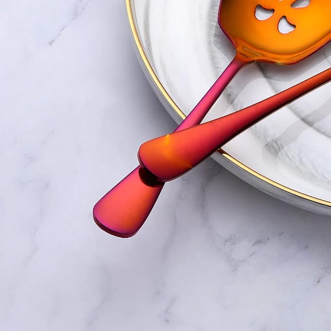 Meisha Serving Spoons Set, 3 Serving Spoons and 3 Slotted Serving Spoons, Orange Red Stainless Steel Serving Utensils for Buffet Can Banquet Cooking Kitchen - Mirror Polished