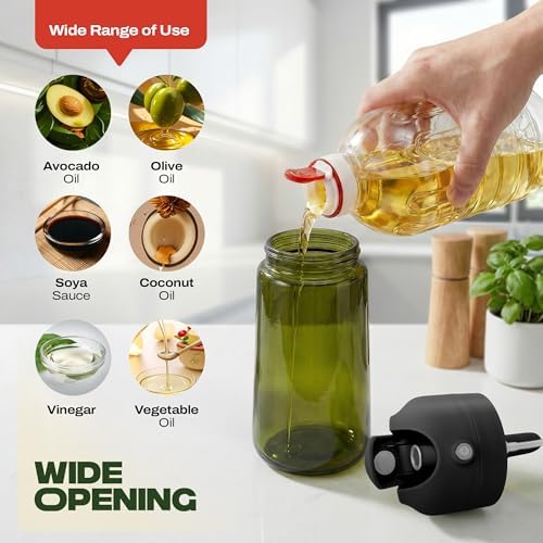 PORTENTUM Olive oil spray bottle for cooking 16oz/470ml 2 in 1 spray and pour function – Anti drip green glass bottle dispenser with light protection – Multilingual labels – Air fryer salads grilling