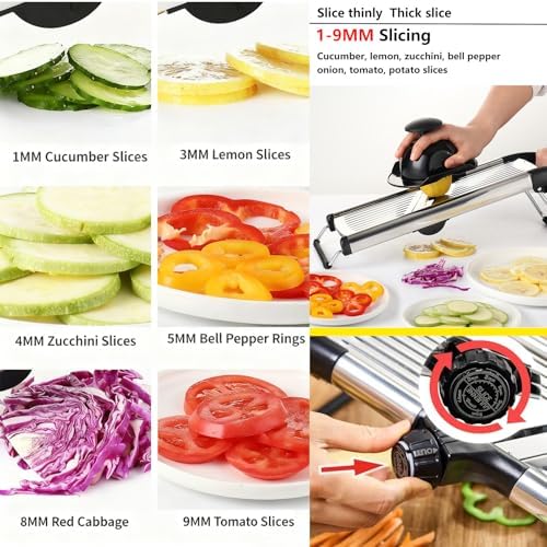 Adjustable Mandoline Food Slicer, Mandoline Slicer for Kitchen, Mandolin, Potato, Tomato, Carrot, Onion Cutter and Fruit - Stainless Steel - 6-Piece Fruit & Vegetable Cutting Set (Silver)