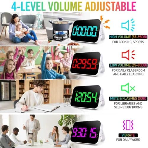 Kitchen Timer for Cooking, Rechargeable Digital Magnetic Timer with Large LED Display, Loud Alarm, Sound Countdown, 4 Volume Levels and 3 Brightness for Classroom, Study (RGB)