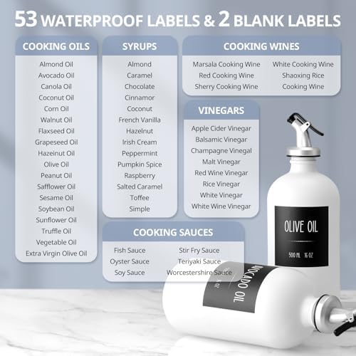 Olive Oil Dispenser Bottle for Kitchen, 16oz Glass Oil and Vinegar Dispenser Set with Wood Tray & 54 Labels - White Cooking Oil Bottles for Kitchen - Coffee Syrup Dispenser - Set of 2