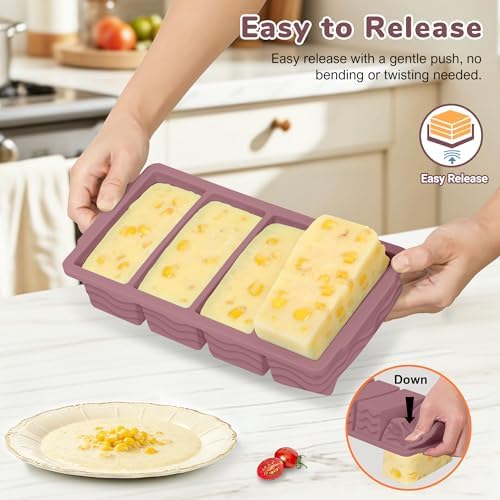Silicone Freezer Trays with Lid (4-Pack), 1-Cup, 2-Cup, 1/2-Cup & 2-Tbsp Silicone Freezer Molds, Stackable Soup Freezer Meal Prep Containers,Ice Cube Tray for Making Sauce,Smoothies,Yogurt Bites