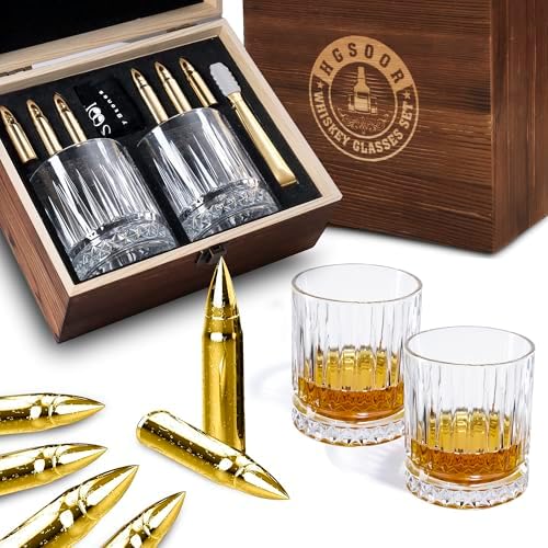 Gifts for Men Dad - Whiskey Glass Set with 6 Gold Bullet Whiskey Stones，Luxury Whiskey Set，Cool Bourbon Gifts for Men，Cool Drinking Accessories for Home Bar