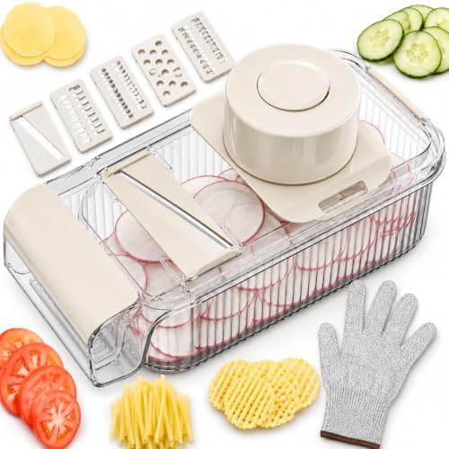 Mandoline Slicer, Vegetable Cutter, Container, Glove & Guard, 5-Blade