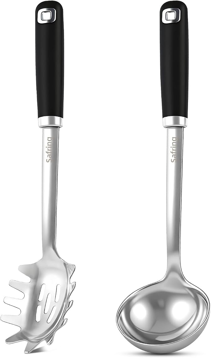 Safring Stainless Steel Soup Ladle and Spaghetti Spoon Set, Heat Resistant Rubber Handle, Dishwasher Safe, Kitchen Utensils for Cooking, Stirring, Serving Pasta, Soup & Sauce (black)