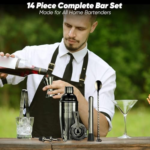 Bartender Kit with Cocktail Shaker, Stylish Bamboo Stand, Liquor Pourers for an Perfect Drink Mixing Experience - 14 Piece Barware Essentials Cocktail Shaker Set (Dark Metallic)