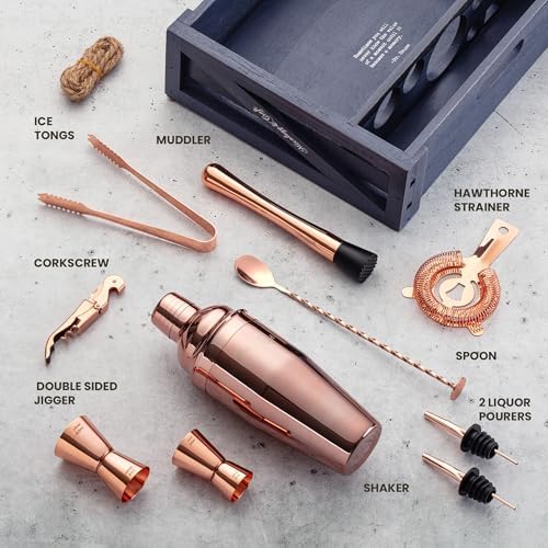 Mixology & Craft Rustic Cocktail Shaker Set – Includes Wood Stand, Complete Barware Kit with 24 Oz Shaker, Dual Jiggers, Pourers, Muddler, Strainer – Perfect for Home Bartenders (Copper)
