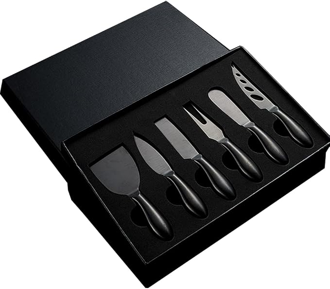 Premium 6-Piece cheese knife Stainless Steel Cheese Knife Collection with Cheese Fork Slicer and Cheese Cutters Cheese Tool Collection Great Gift (Black)