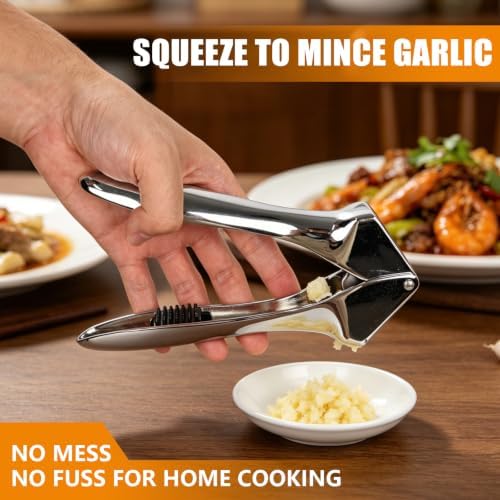 2-in-1 Garlic Press and Slicer – No Peel Garlic Mincer, Rust-Proof Garlic Crusher, Easy Clean Kitchen Gadget for Garlic, Ginger, Nuts