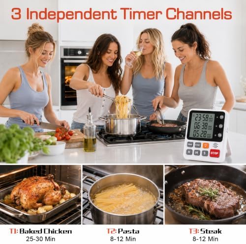 Backlit Magnetic 3-Channel Digital Kitchen Timer for Cooking