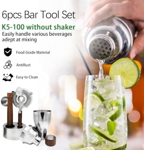 6 PCS Bar Tool Set Stainless Steel Cocktail Shaker Kit With Muddler, Double Jigger, Mixing Spoon, Strainer & Matte Round Stand Bartender Essentials Barware For Home Bar Party & Celebration
